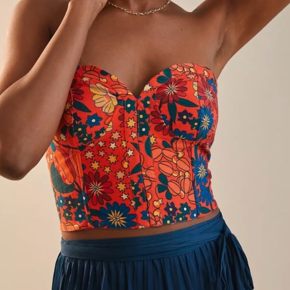 FARM Rio Red Floral Strapless Crop Top
